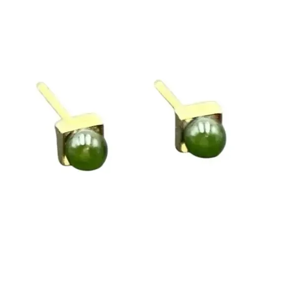 Designer Signed‎ 14k Yellow Gold Green Round Ball Stud Pierced Earrings